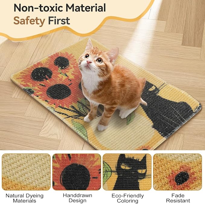 3-in-1 Sisal Cat Scratch Mat Sunflower 23.6x15.7'' Floor & Wall Cat Scratcher Pad, Protects Carpet Couch & Furniture with Sticker Tape, Anti-Slip, Durable for Indoor Outdoor Cats