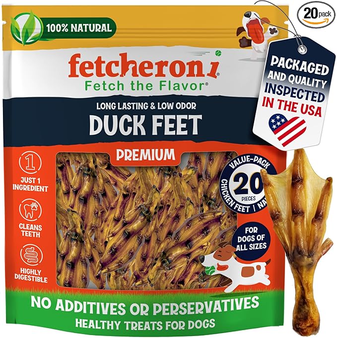 Premium Duck Feet for Dogs - Natural Dehydrated Treats - Whole Poultry Digestible Chews - for Pets (20 Count)