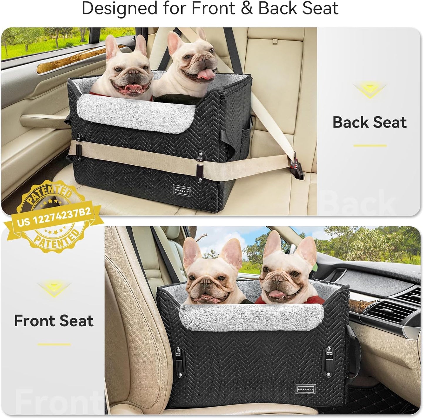 PETSFIT Dog Car Seat Medium Sized Dog, Waterproof PU Leather Dog Seat for Car with Patented Safe Buckles, 2 Clip-On Safety Leashes, Suitable for 2 Small Dogs (Medium, Black)