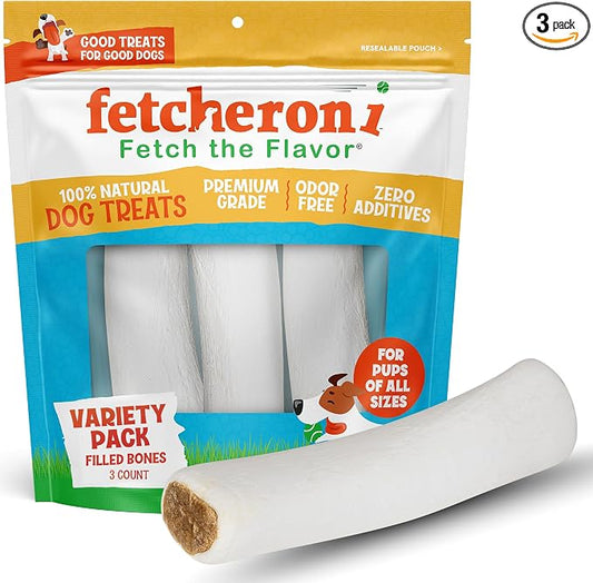 Dog Treats - Stuffed Shin Bones, Dog Bones, Dental Chews For Dogs, Long Lasting High Protein Chews - Bacon & Cheese, Peanut Butter, Beef Filling - Variety Pack (3 Flavors), 8 oz (Pack of 3)