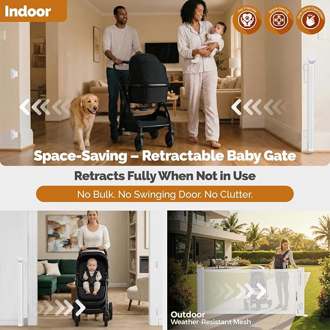 Retractable Baby Gate - 72" Wide Mesh Dog Gate with Support Rods - 34" Tall for Stairs, Doorways, Hallways - Drill or No-Drill - Pet & Cat Gate - Outdoor/Indoor (White, 5.91 Feet)