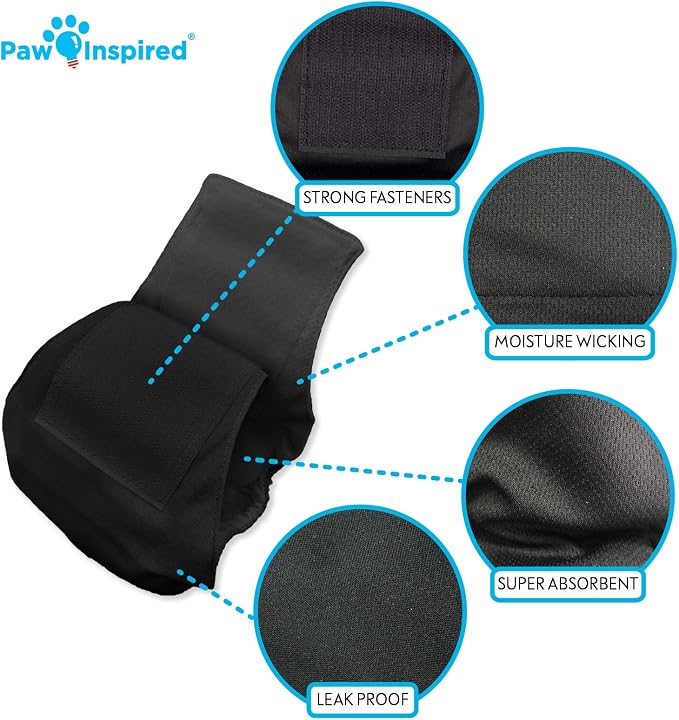 PAW Inspired Belly Band Male Dog WRAP Washable, Black, Black Lining, X-Small, 3 Count