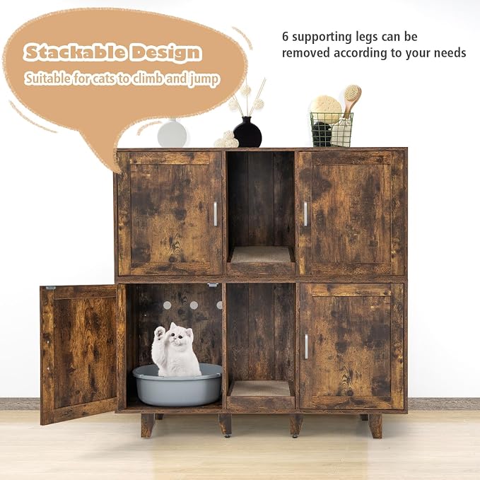 Tangkula Patented Double Cat Litter Box Enclosure for 2 Cats, Large Stackable Hidden Privacy Cat Washroom Cabinet with Scratching Board, Indoor Cat House TV Stand, Litter Box Furniture (Rustic Brown)