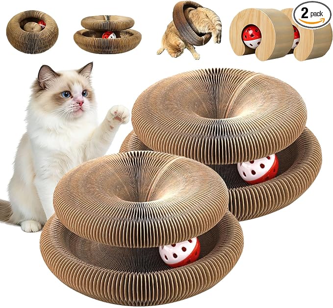 2-Pack Magic Organ Cat Scratcher, Twistable Cardboard Toy for Indoor Cats - Reversible Cardboard Honeycomb Design, Interactive Foldable Scratcher with Bell Ball