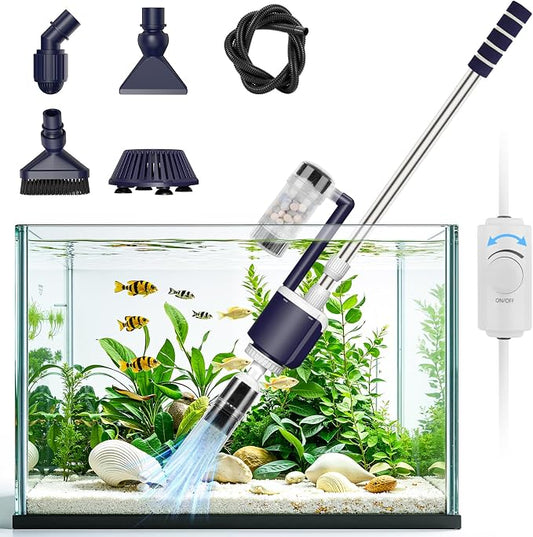AQQA 600GPH Electric Aquarium Gravel Cleaner, 6-in-1 Automatic Fish Tank Vacuum Cleaner & Water Changer with Stainless Steel Handle & 3-Stage Filter Cup for Turtle Tanks, Adjustable Flow 34W