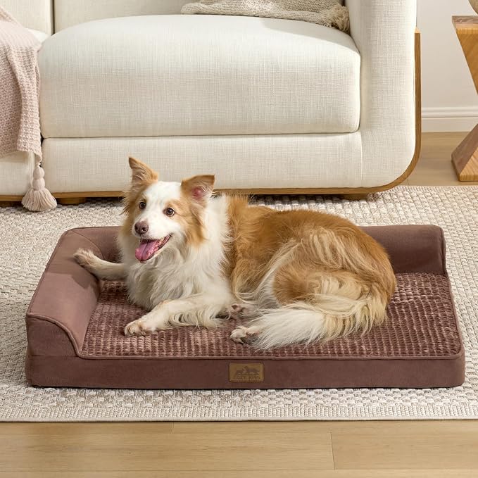COZY KISS Orthopedic Dog Bed for Extra Large, XXL Dogs Bed, L Shaped Foam Anti-Slip Bottom Giant Pet Cat Sofa with Washable Cover, Suitable for Pet Up to 150 lbs, 48x32x7.5 inch, Brown