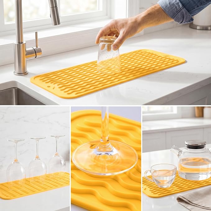 MicoYang Silicone Dish Drying Mat for Multiple Usage,Easy clean,Eco-friendly,Heat-resistant Silicone Mat for Kitchen Counter,Sink,Bar,Bottle,or Cup Yellow M 17 inches x 6 inches
