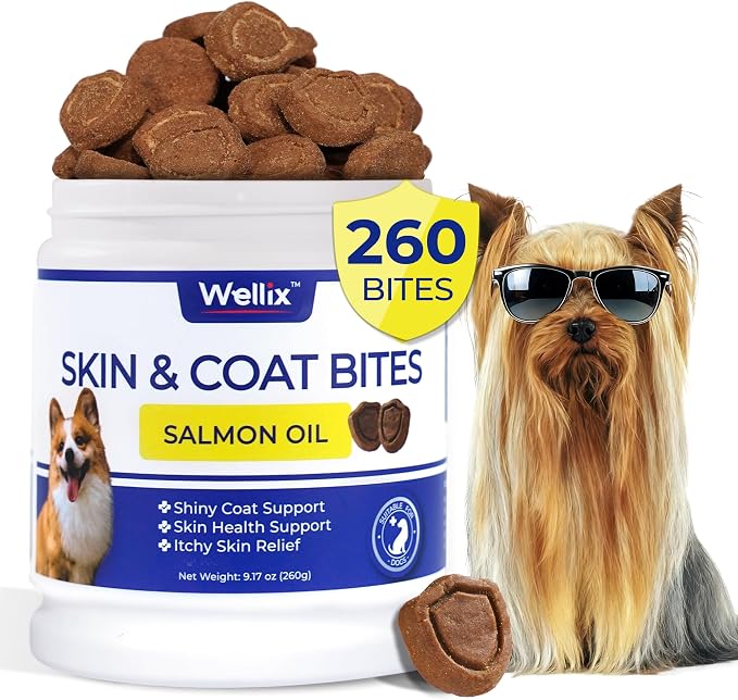 Wellix 260 Bites Dog Skin and Coat Supplement - Affordable, Long-Lasting Omega 3 Fish Oil for Dogs - Supports Skin & Coat, Itching Relief & Anti-Shedding Tasty Dog Allergy Chews