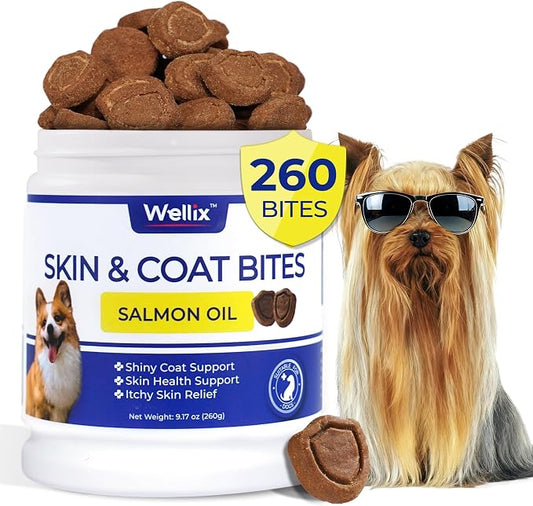 Wellix 260 Bites Dog Skin and Coat Supplement - Affordable, Long-Lasting Omega 3 Fish Oil for Dogs - Supports Skin & Coat, Itching Relief & Anti-Shedding Tasty Dog Allergy Chews