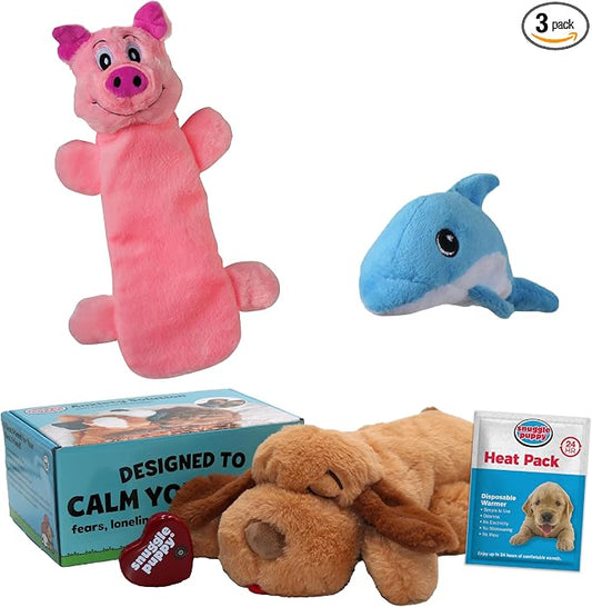 Snuggle Puppy Original, Dog Toy with Calming Heartbeat, Soothing Plush Companion Reduces Pet Anxiety, Includes Heat Pack & Batteries + 2 Tender-Tuff Dog Toys, Squeaker & Bottle Toy