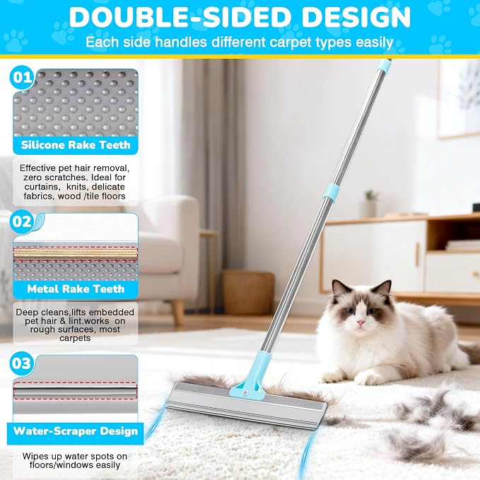 vorona Carpet Rake for Pet Hair Removal, 3 in 1 Pet Hair Removal Broom Tool with 54" Adjustable Long Handle, Reusable Dog & Cat Carpet Scraper,Pet Hair Remover for Rugs, Mats, Curtains, Couch