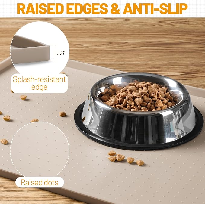 Hubulk Dog Feeding Mat,100% Waterproof Food Grade Silicone Pet Food and Water Bowl Placemat,Dishwasher, High Raised Edge to Prevent Spills,Nonslip Tray to Stop Messes on Floor（28"x18"x0.8", Taupe）