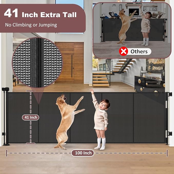 Reinforced 41" Extra Tall Retractable Baby Gates Extra Wide 100" Retractable Dog Gate with Support Rods, Indoor Extra Long Baby Gates for Large Openings Outdoor Retractable Gate Tall Dog Gate, Black