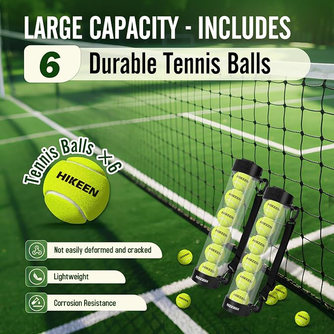 Hikeen Durable Tennis Ball Pick up Tube with 6/12 Tennis Balls,Quick Pickup & Storage Tennis Ball Tube with Shoulder Strap for Tennis Accessories - Includes 6/12 Balls