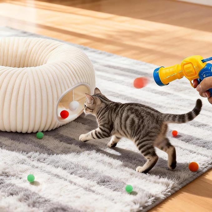 Cat Tunnel Bed with 31 Pcs Interactive Cat Toys, Automatic Cat Toys for Indoor Cats Kittens, Cat Tube with Moving Ball, White