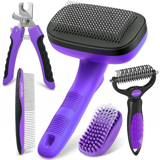 Self Cleaning Slicker Brush for Dog - 5 PCS Dog Brush Grooming Kit,Undercoat Rake Brush Comb for Small Large Dogs Cats, Dog Hair Brush Set, Grooming Deshedding at Home or Travel, Purple