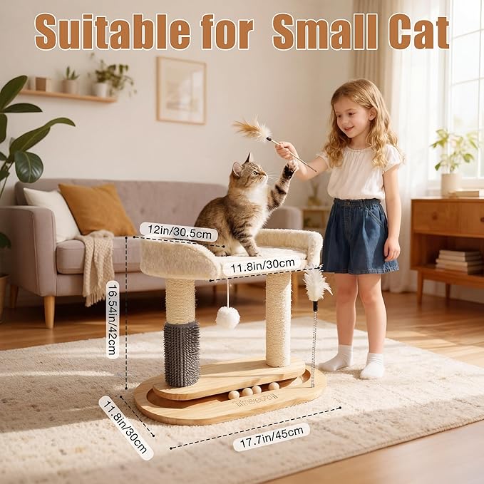 Small Wooden Cat Tree for Kittens and Small Cats, 6-in-1 Cat Tower for Indoor Cats with Bed, Sisal Scratching Post, Self-Grooming Brush, Ball Track, Plush Ball and Feather Toy, 16.5" H