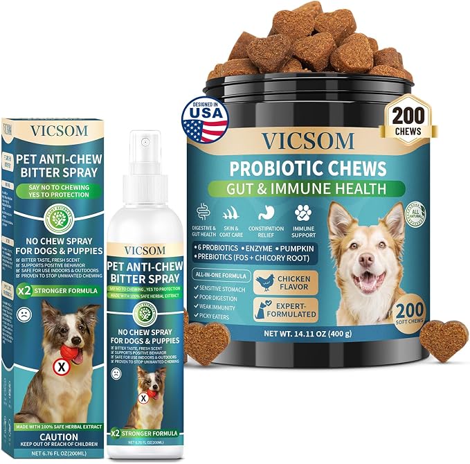 Dog Probiotics Chews + No Chew Spray for Dogs – Digestive & Behavior Support Bundle, Natural Gut Health Soft Chews with Probiotics & Enzymes and Bitter Apple Spray to Stop Chewing, Indoor & Outdoor Ca