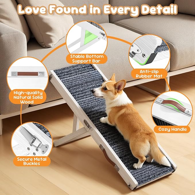 Pawaboo Foldable Dog Ramp, Small Dog Ramp for Couch, 4 Adjustable Height from 13'' to 21", Stable Pet Steps with Non-Slip Pad, Portable Pet Ramps Use for Couch Sofa Stairs, White