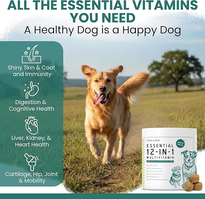 Dog Multivitamin Chewable - Chew + Heal 12-in-1, 60 Ct, Puppy, Senior Dog Vitamins & Supplements for Hip & Joint, Skin, Coat, Immune Support with Glucosamine, Omega 3,6,9, Probiotics, Chicken Flavor