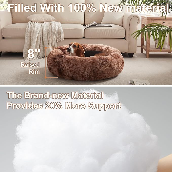 33 inches Donut Dog Bed for Medium Large Dogs,Calming Fluffy Round Pet Bed with Removable & Washable Cover,Fits up to 65 lbs Pets(Tie-dye Brown,M Plus)