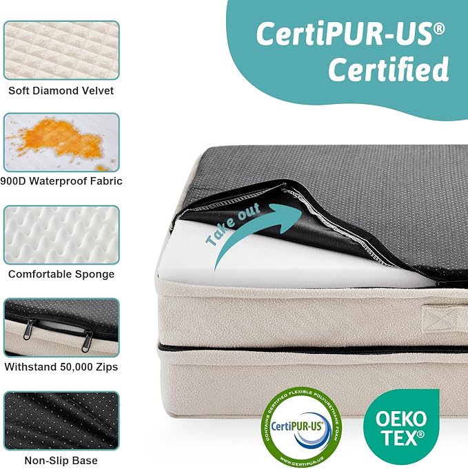COZY KISS Orthopedic Large Dog Beds, Bolster Pet Couch with Waterproof Lining, Egg Crate Foam Sofa for Pets Up to 65 lbs, U-Shaped, 36x27x6.5 inch, Beige