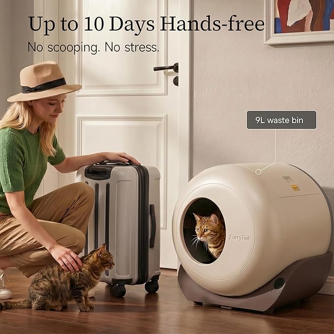 Furrytail Automatic Litter Box Self Cleaning, Kitty Litter Box, Smart Safety Sensors, Advanced Odor & Leak Control, Large Capacity for Multi Cat Homes, with App Control & 40 Trash Bags, Gray