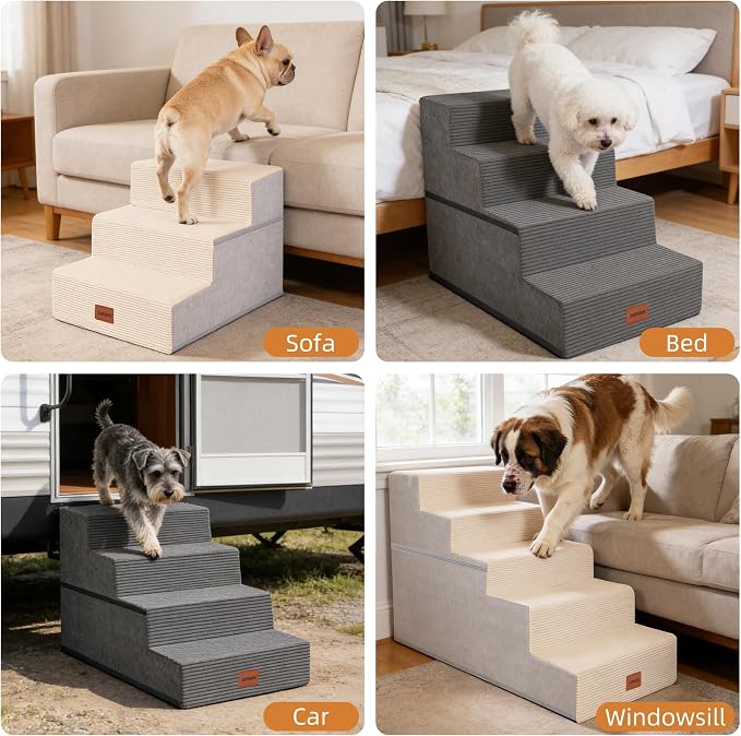 Dog Stairs for Small Dogs, 13.5" H, 3-Step Pet Steps for Bed Couch Sofa and Chair, Non-Slip Balanced Pet Ramp for Injured & Senior Pets with Washable Cover and Durable High Density Foam,Beige