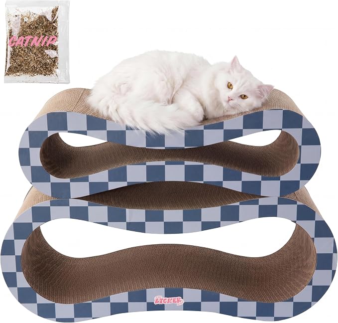 Suvi 26" Modern Cardboard Infinity 2-in-1 Lounge Bed Cat Scratcher with Catnip, Navy/Blue Checker, Corrugated Surface and Tunnel for Indoor Cats CSR1014J