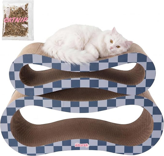 Suvi 26" Modern Cardboard Infinity 2-in-1 Lounge Bed Cat Scratcher with Catnip, Navy/Blue Checker, Corrugated Surface and Tunnel for Indoor Cats CSR1014J