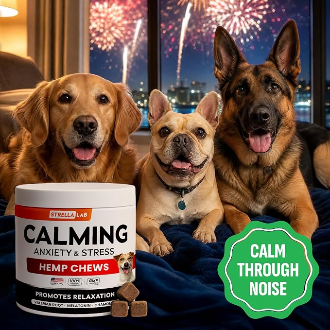 Advanced Calming Chews for Dogs - Hemp Chews and Melatonin - Anxiety Relief - Sleep Aid - Relaxing Treats - Stress Relief During Fireworks, Storms, Thunder, Barking - Made in USA - BBQ - 60ct