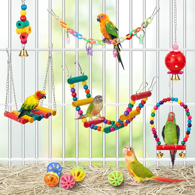 12 Pcs Parakeet Cockatiel Bird Toys, Parrot Swing Chewing Hanging Toys, Colorful Style Parrots Cage Accessories, Interactive Chew & Climb Play Set (Basic Style)