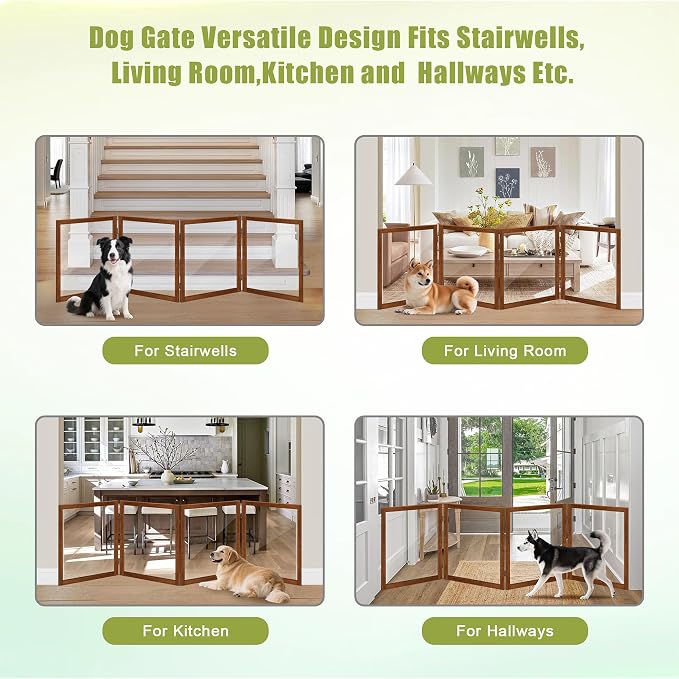 LZRS Extra-Wide Clear Dog Gate for Indoor Use - Transparent Pet Fence with Solid Hardwood and Plastic Board, Stylish & Durable freestanding Pet Gate for Doorways, Stairs and Hallways-4 Panel Cherry