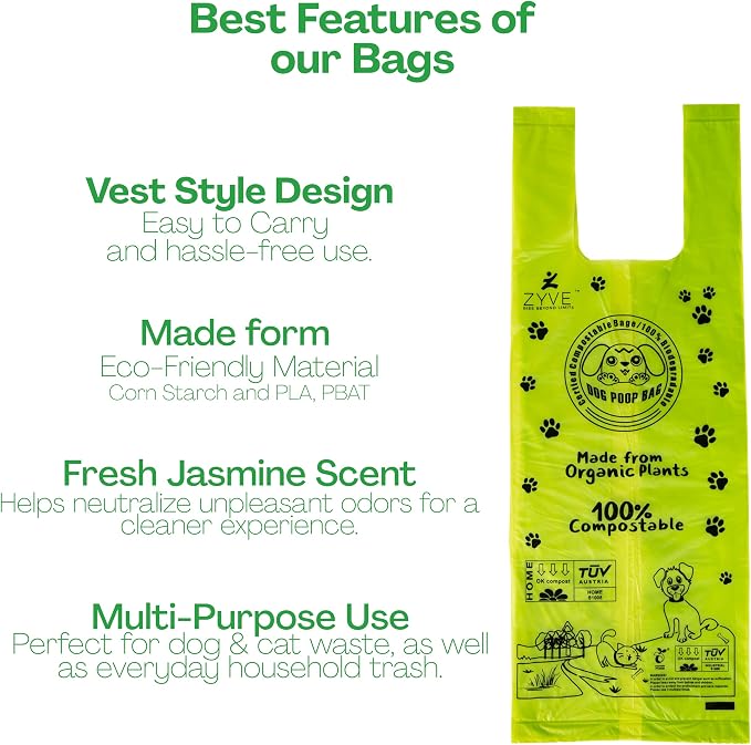 Dog Poop Bags, 100% Compostable & Leak Proof Dog Waste Bags – Vest Style Handle, Extra Thick, 240 Bags (16 Rolls × 15),Cornstarch, PLA & PBAT, TÜV Austria Certified, Dispenser Included