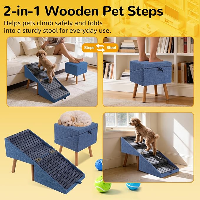 Dog ramp for Small Dogs, 2-in-1 Pet Steps & Ottoman - Foldable Dog ramp for Couch, Non-Slip Wooden Pet ramp for Puppy Senior Injured Dogs (Blue, XL(17.13H))