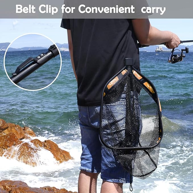 PLUSINNO Floating Fishing Net for Steelhead, Salmon, Fly, Kayak, Catfish, Bass, Trout Fishing, Rubber Coated Foldable Landing Net with Fixed or Telescoping Pole Handle, Fishing Gear and Gifts for Men