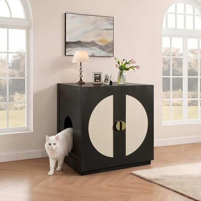 unipaws Tall Cat Litter Box Enclosure with Shelves, Hidden Litter Box Cover for Tall or Top Entry Litter Box, Kitty Enclosed Litter Box Cabinet, Cat Box Furniture, Black