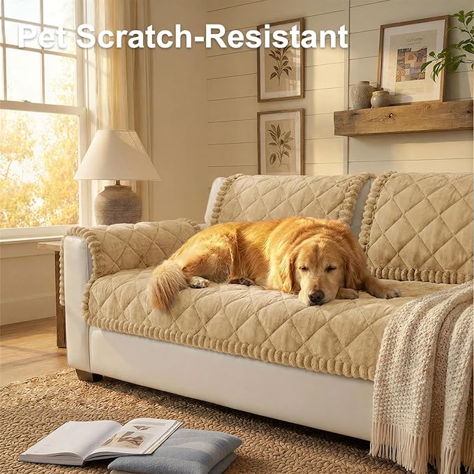 Smiry Couch Cover for Dogs, Non Slip Washable Pet Sofa Protector for Large Dogs, Cats, Fuzzy Plush Sofa Covers for 2 Cushion Couch, Against Fur, Dirt & Scratch Resistant, Camel, 27.6"×47"
