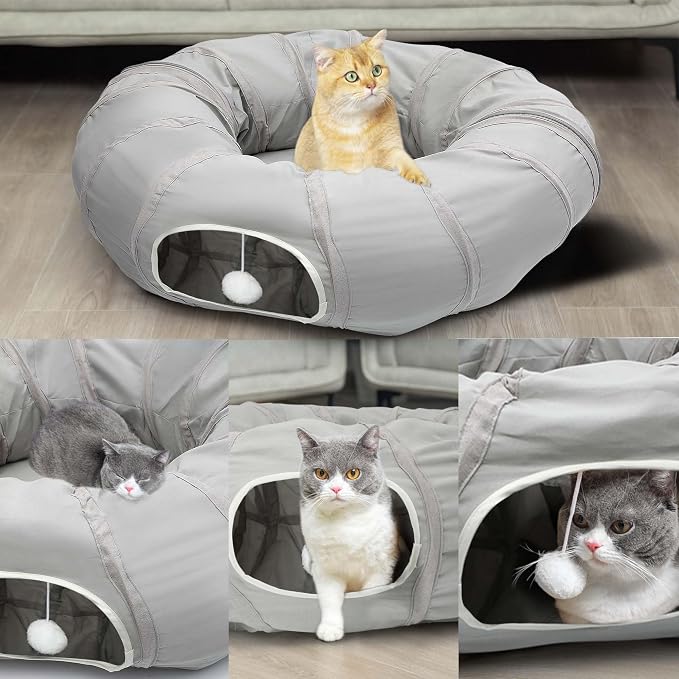 AUOON Cat Tunnel Bed for Indoor Cats - Large Cat Donut Tunnel with Hanging Ball Toy, Collapsible 2-in-1 Multifunctional Interactive Cat Toy for Kitten, Puppy, Rabbit, Ferret (Light Grey)