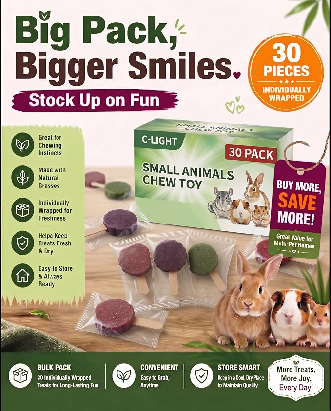 C-LIGHT Rabbit Chew Toys, 30 Pack Individually Wrapped, 5 Pure Veggies Flavors + Timothy Hay, Teeth Grind & Digestion, Cage Enrichment Toy for Hamsters,Guinea Pig, Chinchilla