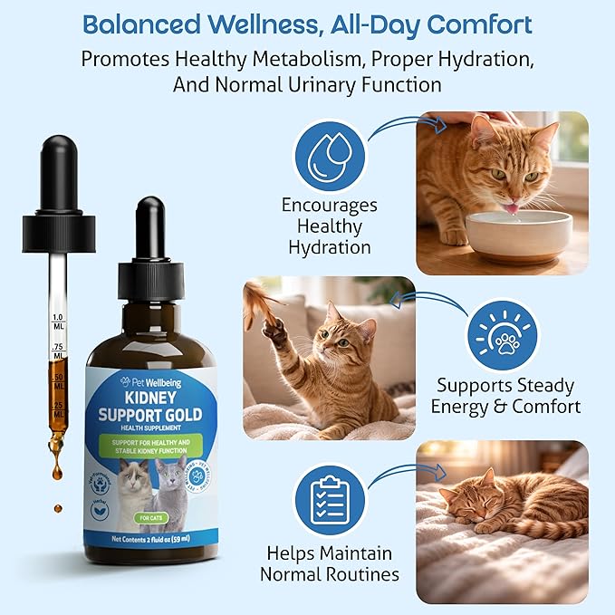 Pet Wellbeing Kidney Support Gold for Cats - Supports Normal Kidney Function & Detox, Healthy Hydration & Energy with Rehmannia & Dong Quai - NASC Certified & Vet-Formulated - 2oz Liquid Formula