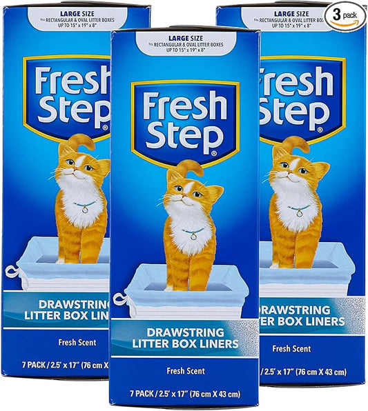 Fresh Step Drawstring Cat Litter Box Liners, Scented Heavy Duty Kitty Litter Bags for Large Oval or Rectangle Pans, Helps Contain Odor and Mess, Easy Lift Out Cleanup, 30 x 17 in, 7 Count - 3 Pack
