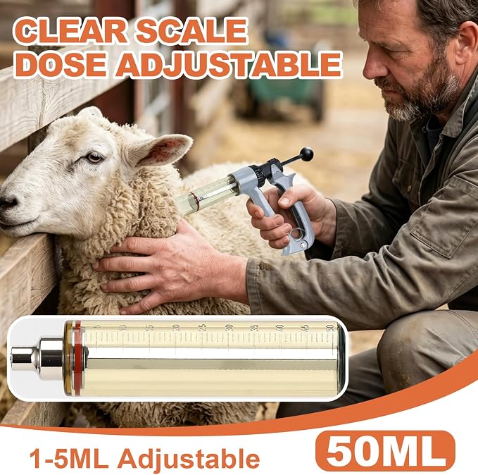 50ml Semi-Auto Repeating Livestock Syringe Gun, 5 Dose Settings | Ergonomic Grip, Clear Barrel & Luer Lock, Vet Injector for Cattle, Horses, Goats, Sheep & Pigs