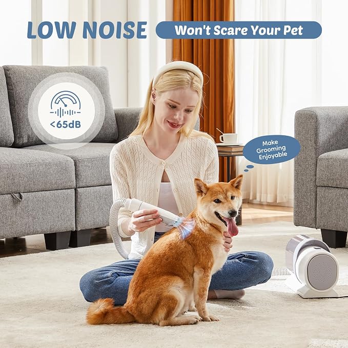 DUMOS Pet Grooming Vacuum Kit, 3 Adjustable Suction Modes, 5 Professional Grooming Tools with Low Noise Dog, 10000PA Cat Hair Clippers for Home Cleaning, 2.5L, Ivory