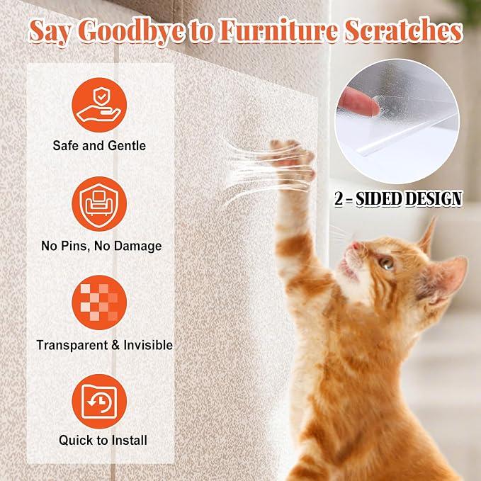 20 Pack Cat Scratch Furniture Protector – Double-Sided Sticky Deterrent Training Tape from Cat Claws, Clear Anti-Scratch Guard for Couch, Sofa, Doors, Easy Apply & Residue-Free, Not for Leather,Velvet
