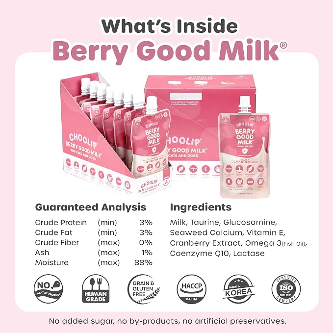 Choolip Berry Good Milk for Cats & Dogs – Lactose-Free Pet Milk Pouches – Vet-Formulated Hydrating Drink with Cranberry, CoQ10, Glucosamine & Omega-3 (100mL x 8 Pouches)