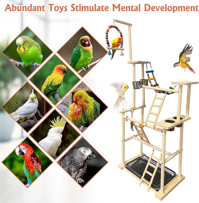 Hamiledyi Natural Wood Bird Playground Stand with 4 Large Layers - Exercise Perch and Birds Nest Straw