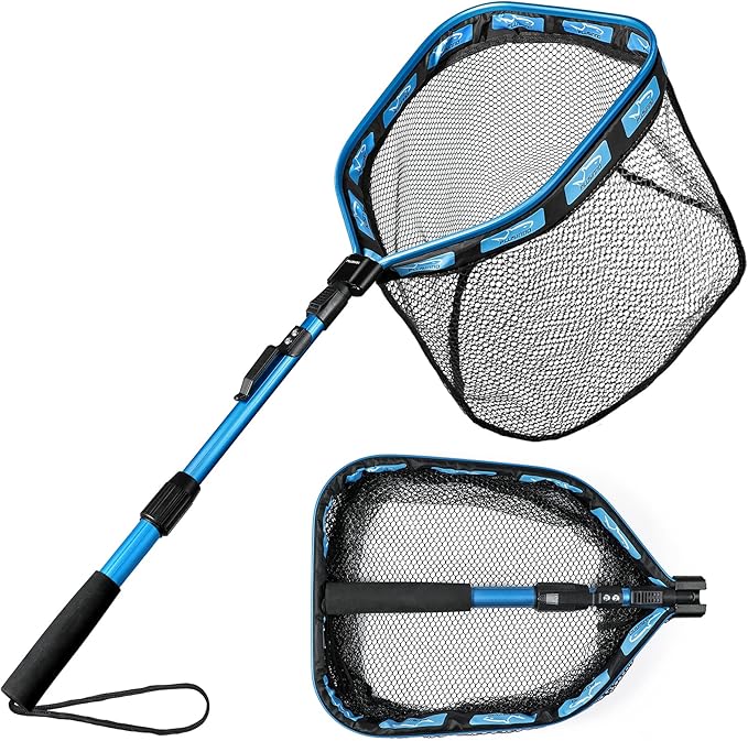 PLUSINNO Floating Fishing Net for Steelhead, Salmon, Fly, Kayak, Catfish, Bass, Trout Fishing, Rubber Coated Foldable Landing Net with Fixed or Telescoping Pole Handle, Fishing Gear and Gifts for Men