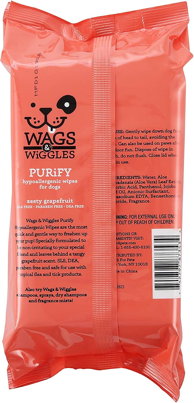Wags & Wiggles Purify Hypoallergenic Dog Wipes for Sensitive Skin, Paw and Body Grooming Wipes with Gentle Plant Based Formula for Everyday Cleaning, Zesty Grapefruit Scent, 100 Count - 12 Pack