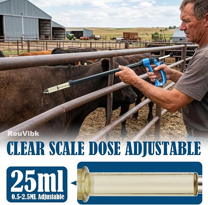 25ML Livestock Iong Shot Pole Syringe, Cattle Syringe Gun | with Luer Lock 5 Gears Adjustable Continuous Repeating Veterinary Vaccine Injector for Cattle, Horses, Sheep & Pigs
